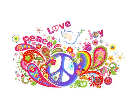 Colorful T-shirt print with hippie peace symbol, flying dove with olive branch, abstract flowers, paisley and rainbow on white background