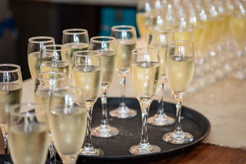 Champagne filled glasses, ready for a celebratory toast