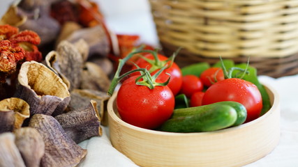 fresh organic vegetable. Tomatoes, cherry tomatoes, cucumber with white background