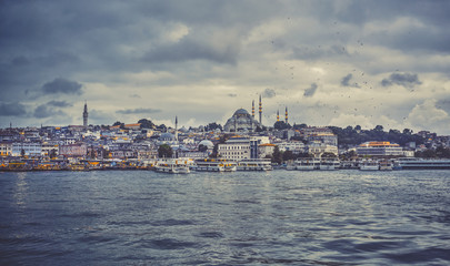Fototapeta na wymiar Sea front landscape of Istanbul historical part. Sea view of Istanbul. Turkey travel concept