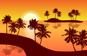 Fototapeta na wymiar Tropical island landscape vector with palm trees in orange sunset reflected in a lagune.