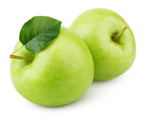 Two ripe green apples with apple leaf isolated on white background. Green apples with clipping path