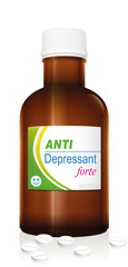 Pills named Anti Depressant forte with a smiling pill as the brand logo on the bottle. It is a medical fake product, which alludes to the handling with psychotropic drugs. Vector on white.