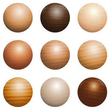 Wood types. Set of nine polished, varnished, textured decor balls - brown, dark, gray, light, red or yellow models with reflections of light.