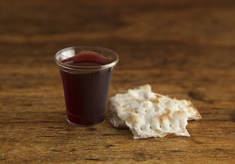 Christian Communion on a Wooden Table