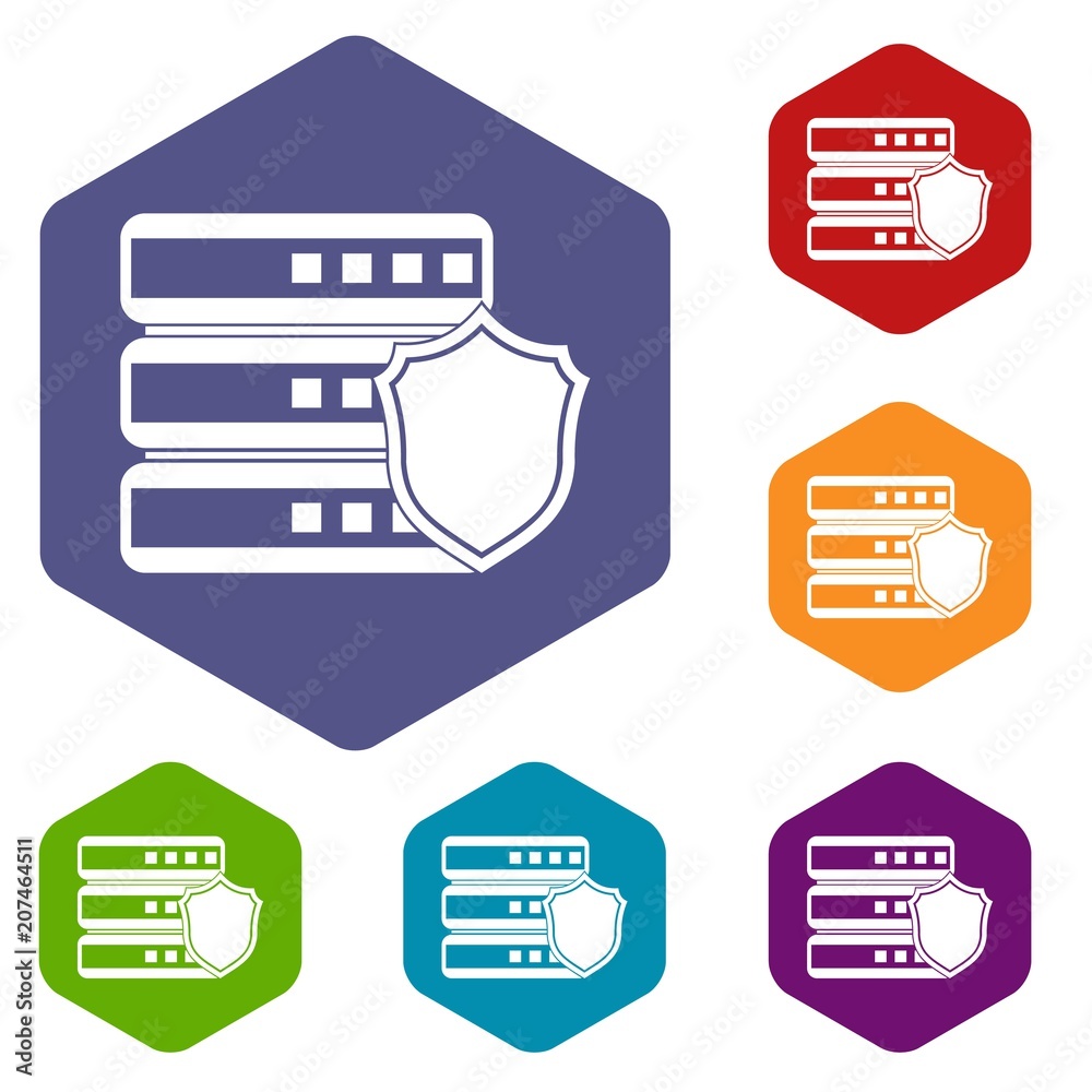 Poster database with gray shield icons set rhombus in different colors isolated on white background