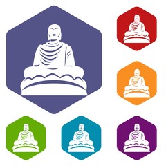Buddha statue icons set rhombus in different colors isolated on white background