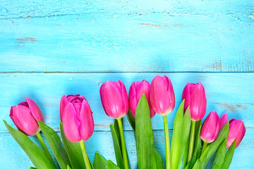 Pink tulips on wooden blue background. Conception holiday, March 8, Mother's Day. Flat lay and copy space