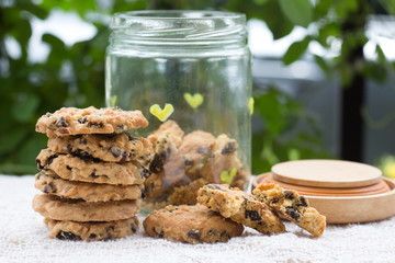 stack of cookies on wooden table.