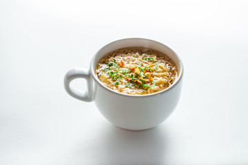 noodle soup in bowl. asian vegetable noudle soup. Vegetable soup on white background.