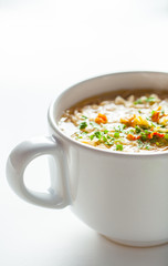noodle soup in bowl. asian vegetable noudle soup. Vegetable soup on white background.