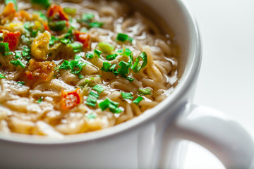 noodle soup in bowl. asian vegetable noudle soup. Vegetable soup on white background.