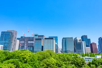 Foto op Plexiglas 初夏の高層ビル群　Tokyo city landscape and fresh green in Otemachi Marunouchi. © kurosuke