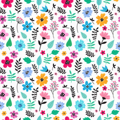 Cute hand drawn floral colorful seamless pattern. Perfect for scrapbooking, wrapping paper, textile etc. Ditsy print. Vector illustration