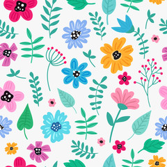 Cute hand drawn floral colorful seamless pattern. Perfect for scrapbooking, wrapping paper, textile etc. Ditsy print. Vector illustration