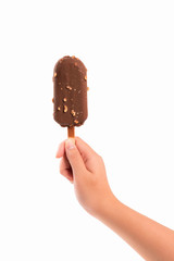 woman hand holding ice ceam chocolate isolated on white background.