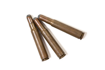 Early 8mm round nosed ammunition before 1905 for the German Mauser Gewehr M1898 rifle isolated on white. Commercial import for the US Super Speed.