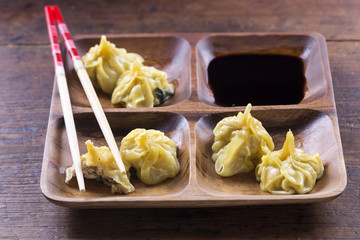 Chinese pork dumplings with soy sauce 