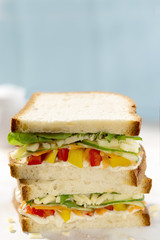Sandwich with mixed leaves, cucumber, carrot, peppers and cheddar cheese with hummus