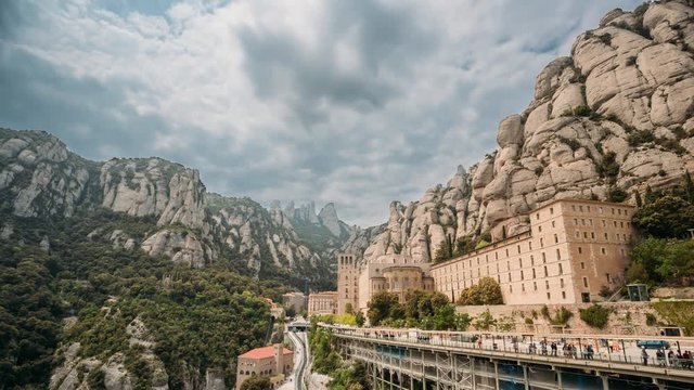 Santa Maria De Montserrat. Benedictine Abbey In Mountain Of Montserrat, In Monistrol De Montserrat, In Catalonia, Spain. Timelapse, Time-lapse