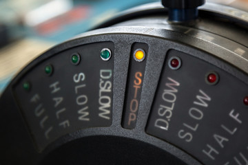 Close up view of control stick of a ship in stop position.