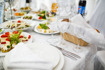 delicious dishes on the table in the restaurant. serving table.