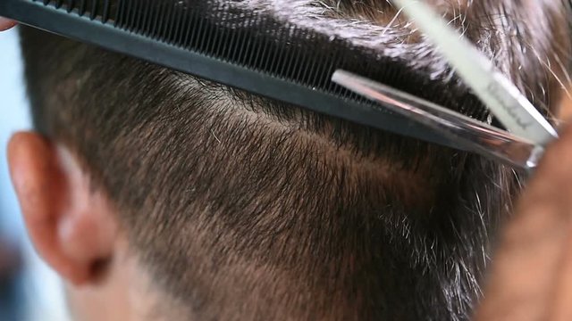 close up shot of hands of a hair stylist trimming hair with a comb and scissors