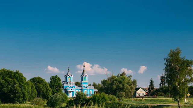 Time Lapse, Timelapse. Old Orthodox Church of the Nativity of the Virgin Mary At Sunset In Village Krasnyy Partizan, Dobrush District, Gomel Region, Belarus