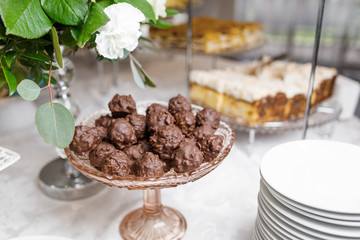 Candy Bar. Delicious sweet buffet with cupcakes. Sweet holiday b