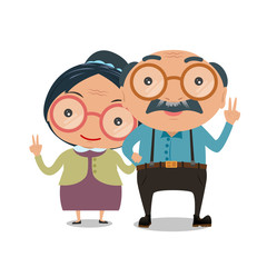 Old senior man and woman standing or walking together arm in arm isolated on white background. vector illustration.