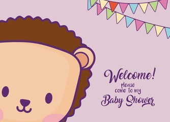 Baby shower invitation card with cute porcupine icon and decorative pennants over purple background, colorful design. vector illustration