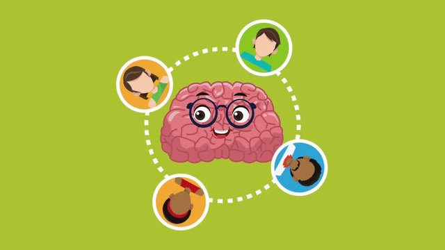 Cute brain cartoon with people faces High Definition animation colorful scene