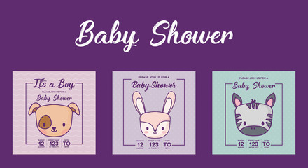 Icon set of baby shower invitations with cute animals over purple background, colorful design. vector illustration