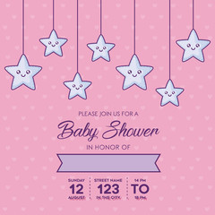 baby shower invitation template with decorative cute stars hanging over pink background, colorful design. vector illustration