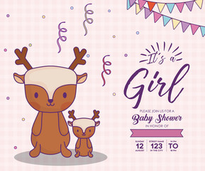 Baby shower invitation with its a girl concept with cute deers over pink background, colorful design. vector illustration