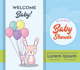 Baby shower invitation template with cute rabbits with colorful ballons over blue background, vector illustration