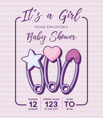 Its a girl-Baby shower invitation with baby pins icon over purple background, colorful design. vector illustration
