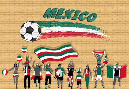 Mexican football fans cheering with Mexico flag colors in front of soccer ball graffiti
