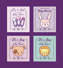 Icon set of baby shower invitations with cute animals over purple background, colorful design. vector illustration