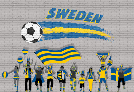 Swede football fans cheering with Sweden flag colors in front of soccer ball graffiti
