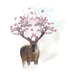 Deer portrait with flowering branches watercolor