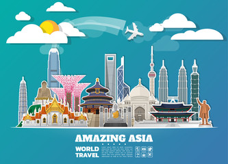 Asia famous Landmark paper art. Global Travel And Journey Infographic. Vector Flat Design Template.vector/illustration.Can be used for your banner, business, education, website or any artwork.