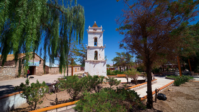 The bellow tower of the church of Toconao Village, 40 km southeast of San Pedro de Atacama, Chile