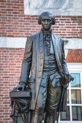 Bronze sculpture of George Washington in front of Independence Hall in Philadelphia Pennsylvania by Joseph A. Bailly. This replica was dedicated in 1910.