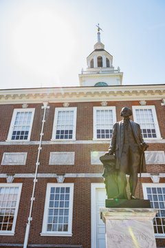 Bronze sculpture of George Washington in front of Independence Hall in Philadelphia Pennsylvania by Joseph A. Bailly. This replica was dedicated in 1910.