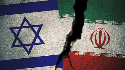Fototapeta premium Israel vs Iran Flags on Cracked Wall 