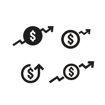 dollar increase icon set. Money symbol with arrow stretching rising up. Business cost sale icon. vector illustration