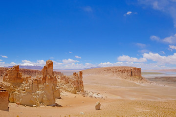 Obraz na płótnie Canvas Stone formation Pacana Monks, Monjes De La Pacana, The Indian Stone, near Salar De Tara, Los Flamencos National Reserve, Atacama Desert, Chile, South America