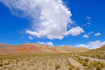 Colorful landscape at the Cuesta De Lipan canyon from Susques to Purmamarca, Jujuy, Argentina,...