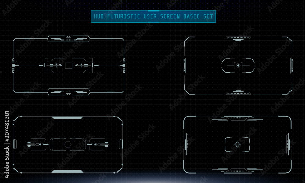 Aufkleber HUD Futuristic Technology Interface Screen Elements Panel Set Vector. Abstract Virtual Cyber Control Display Pack For Game App UI Illustration